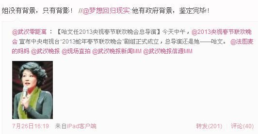 哈文否认连任春晚导演靠背景:姐只有背影